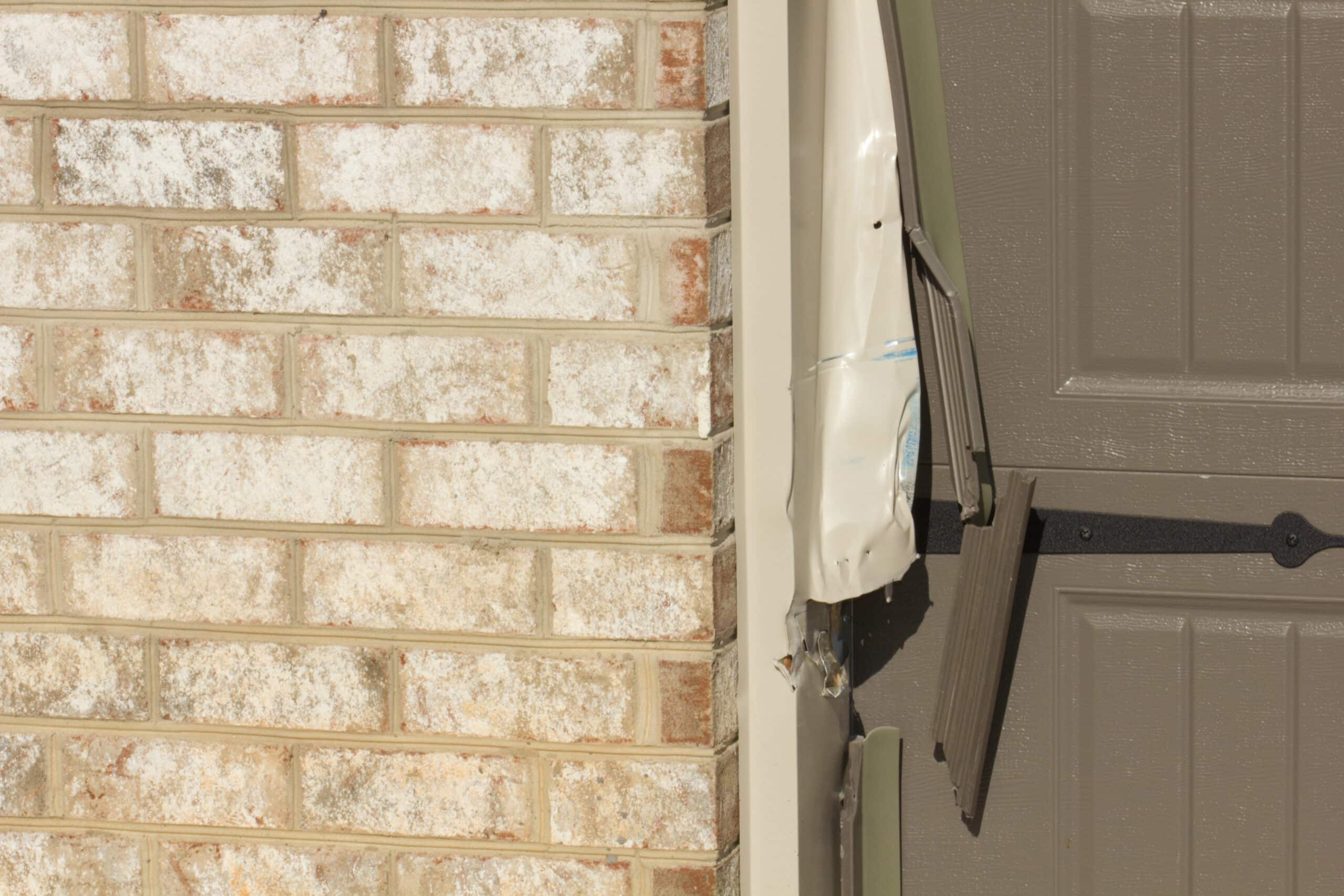 Close-up of a damaged garage door with bent metal and siding, next to a brick wall. The door appears dented and misaligned near the edge.