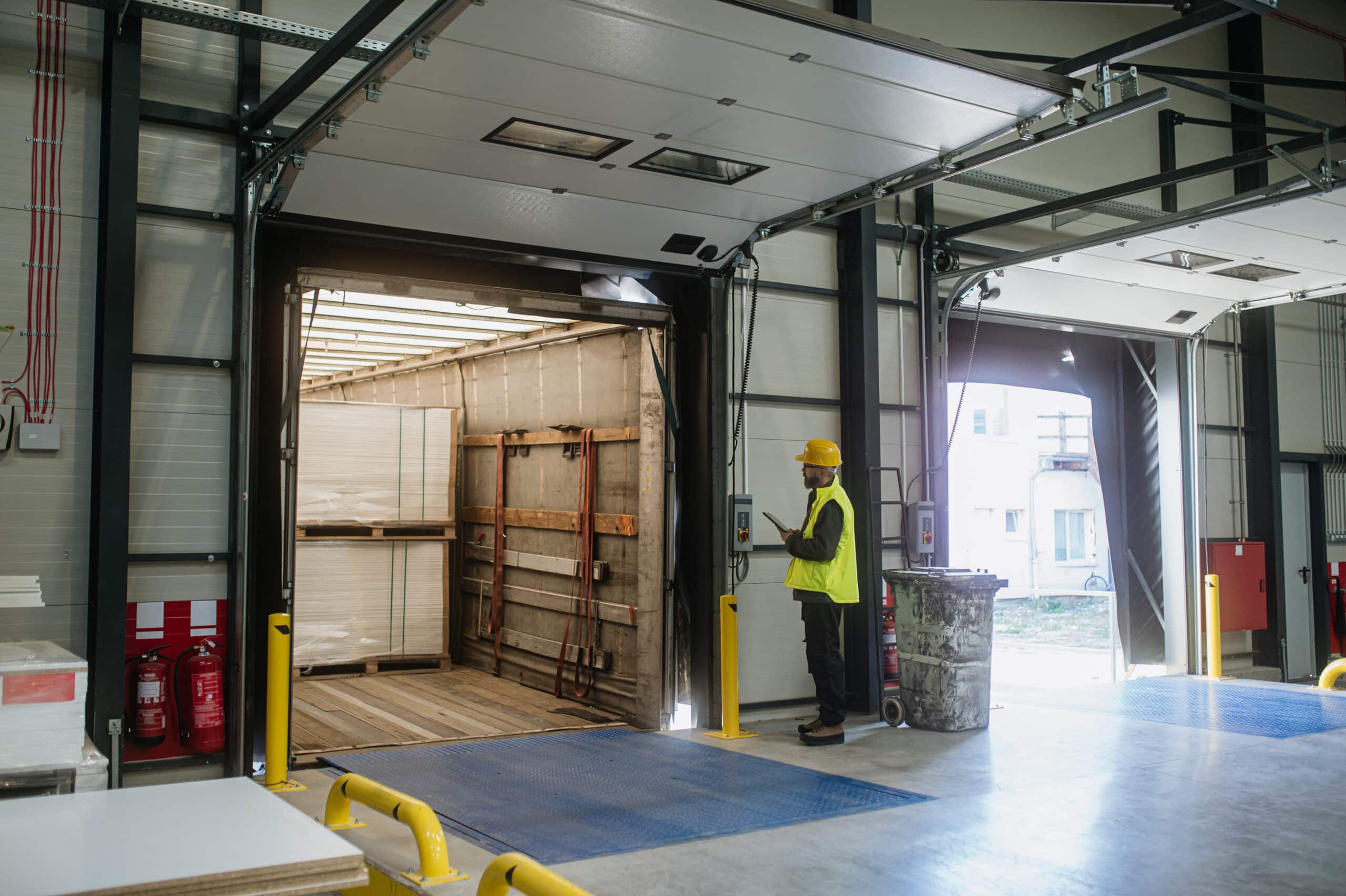 A worker in a yellow safety vest and hard hat stands by an open loading dock, using a tablet as pallets are unloaded from a truck.
